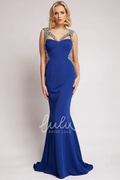 Sleeveless Beaded V-Neck Jersey Prom Dress Backless and Glamorous