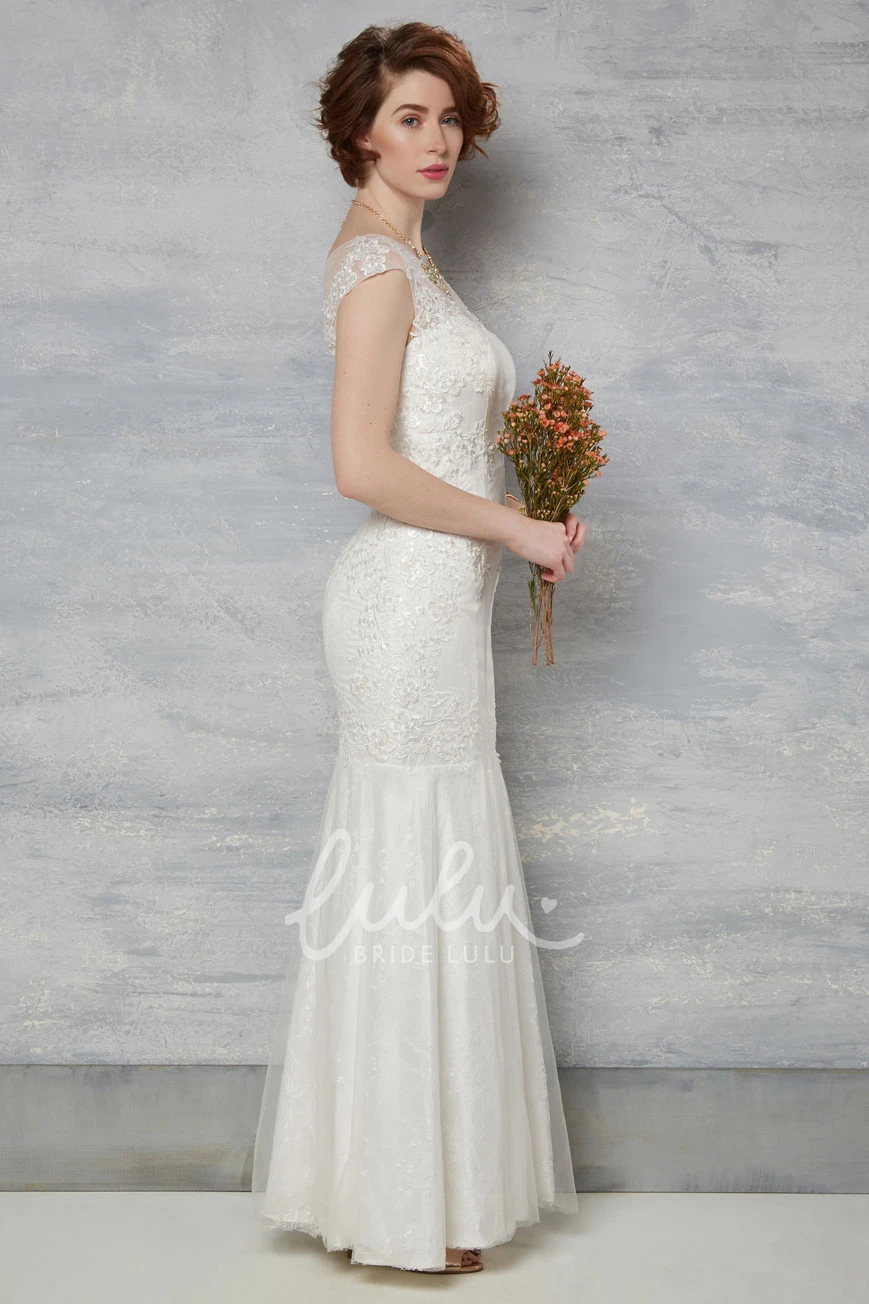 Scoop-Neck Lace Cap-Sleeve Wedding Dress with Illusion Romantic Bridal Gown