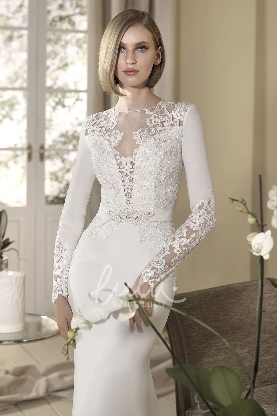 High-Neck Long-Sleeve Appliqued Wedding Dress with Beading Sheath Style