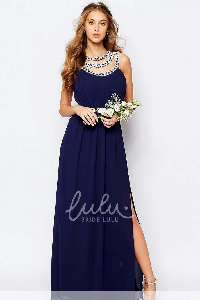 Long Sleeveless Chiffon Bridesmaid Dress A-Line Split Front Ruching
