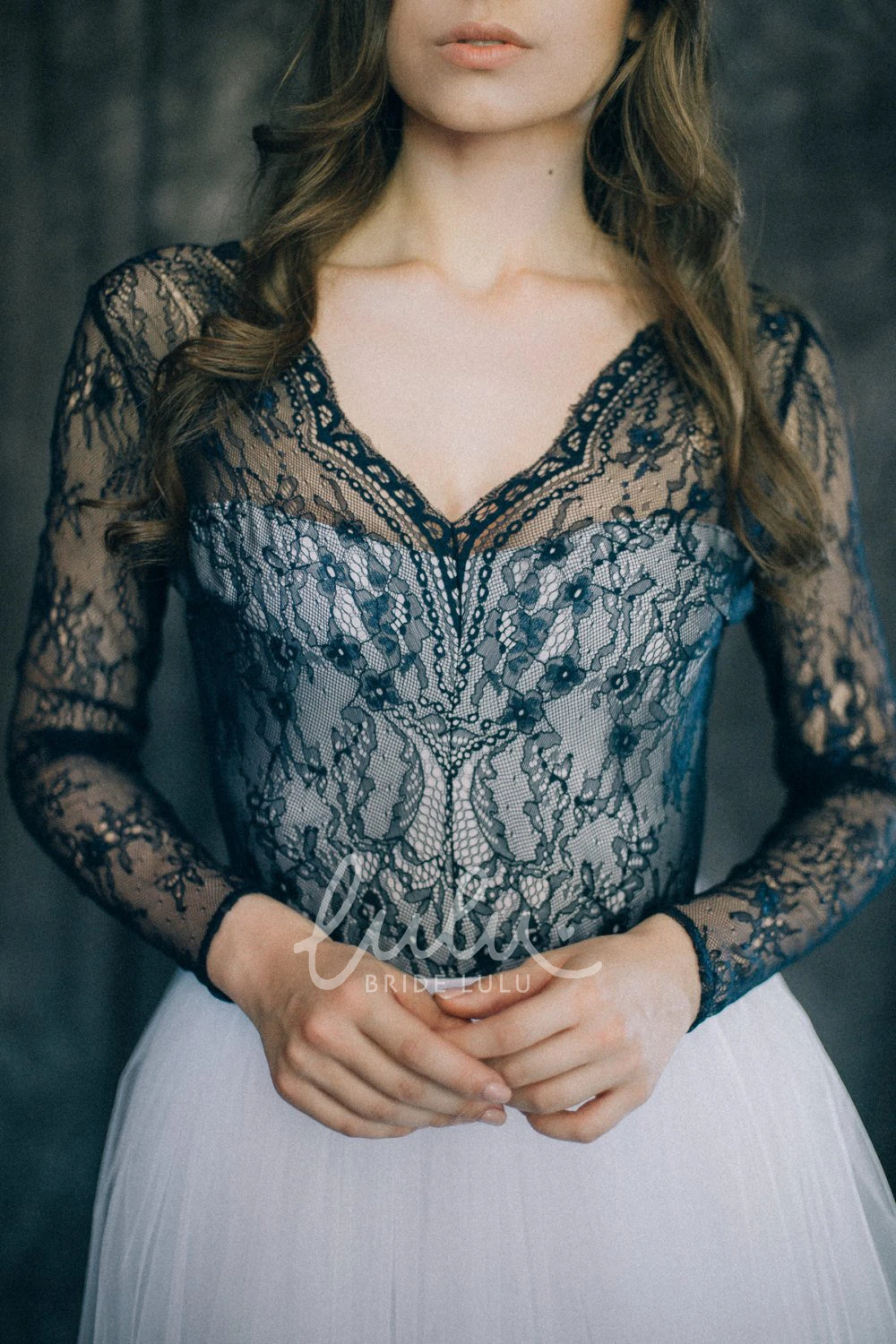 Long Sleeve Black Lace Sheath Wedding Dress V-neck Illusion Back Low-V Floor-length