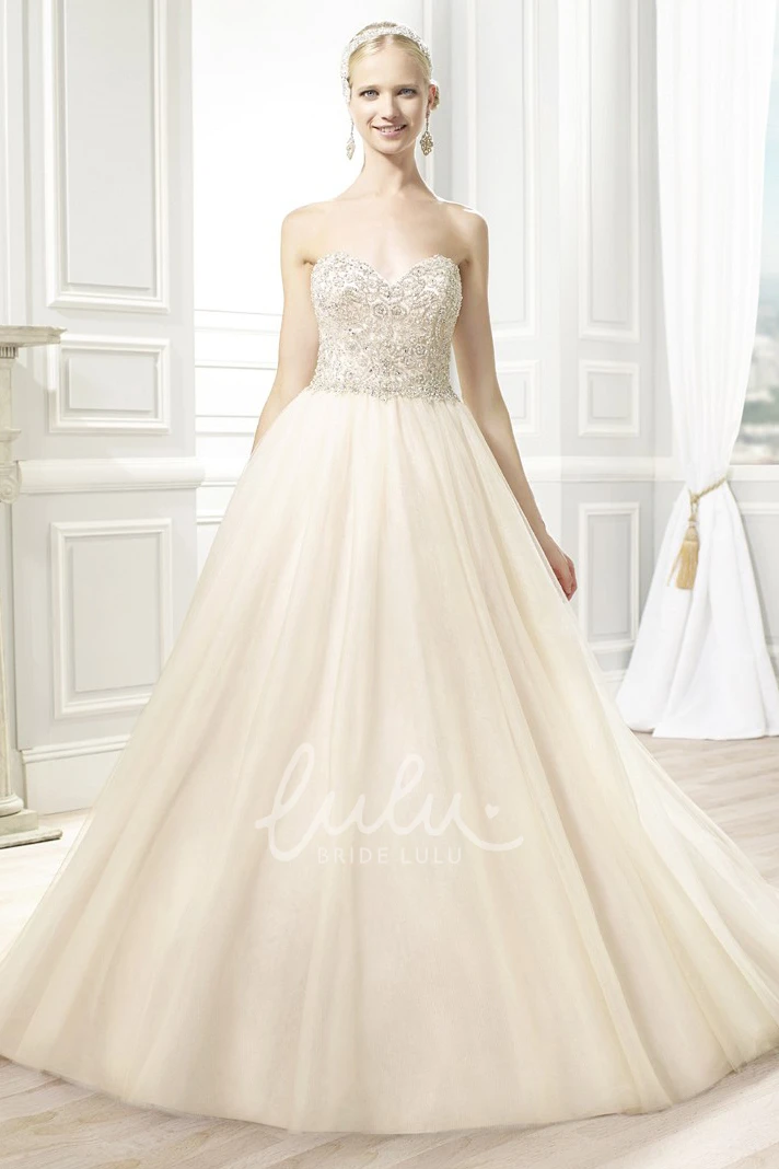 Ball Gown Tulle Wedding Dress with Beading and V Back Pleated Sweetheart Neckline Maxi Length
