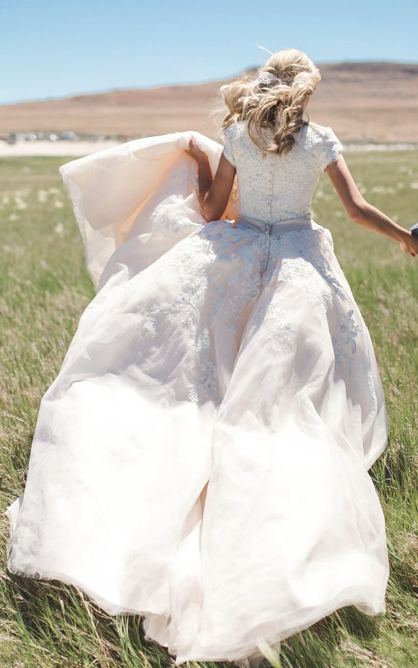 Romantic Ballgown Wedding Dress with Queen Anne Cap Sleeves and Lace Appliques Button Back