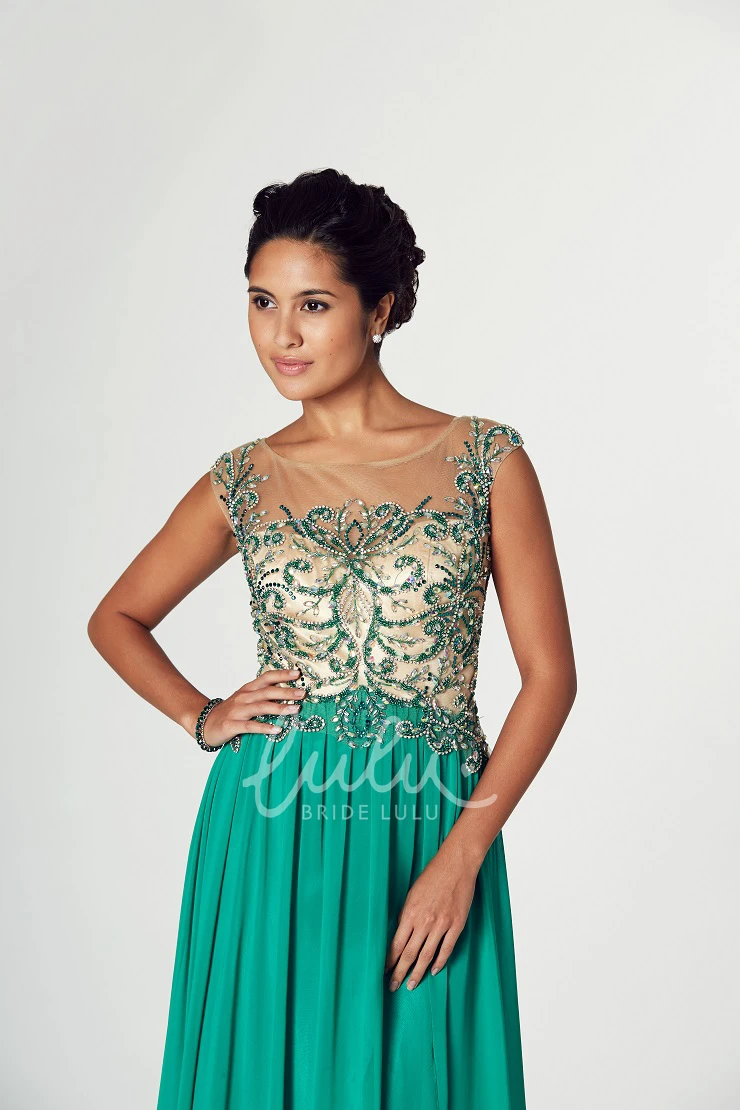 Beaded Chiffon A-Line Prom Dress with Cap Sleeves and Keyhole Back