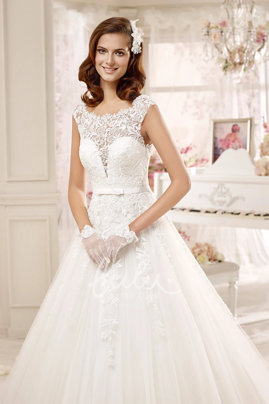 Illusive Lace Cap-sleeve Wedding Dress with Brush Train Scalloped Neck and Timeless