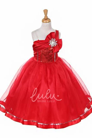 Tiered Sequin Organza Tea-Length Flower Girl Dress with Bow Elegant 2025 Collection