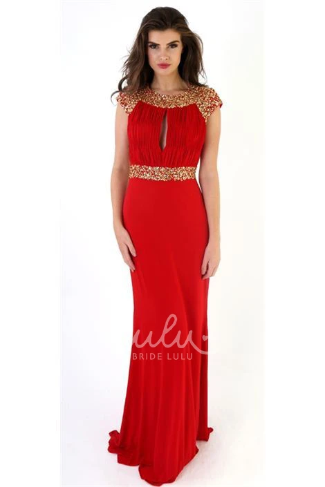 Cap-Sleeve Beaded Sheath Long Scoop Jersey Prom Dress with Ruching and Keyhole Back Modern Prom Dress