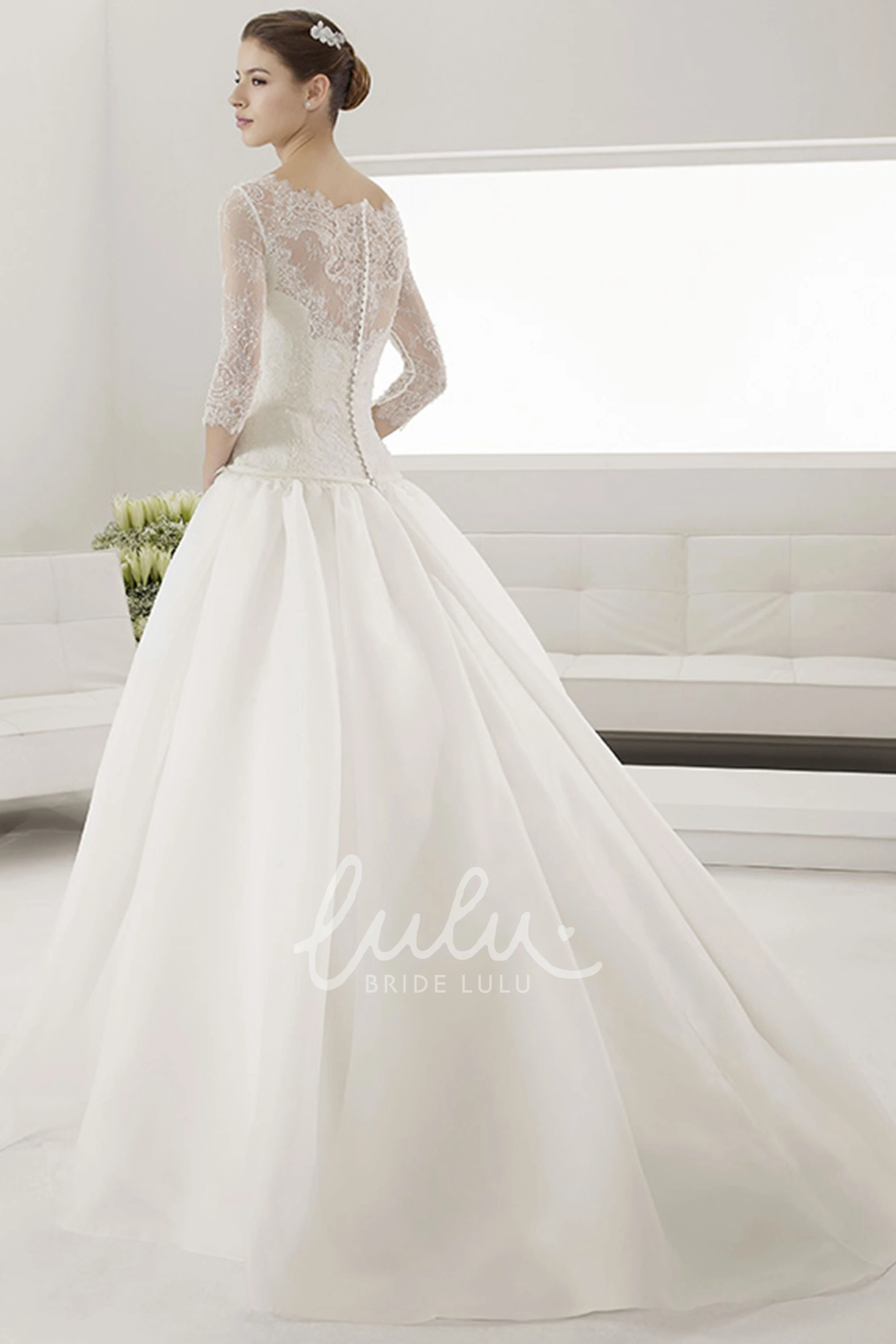 Bateau Ball Gown with Illusion Neckline Sash and 3-4 Sleeves