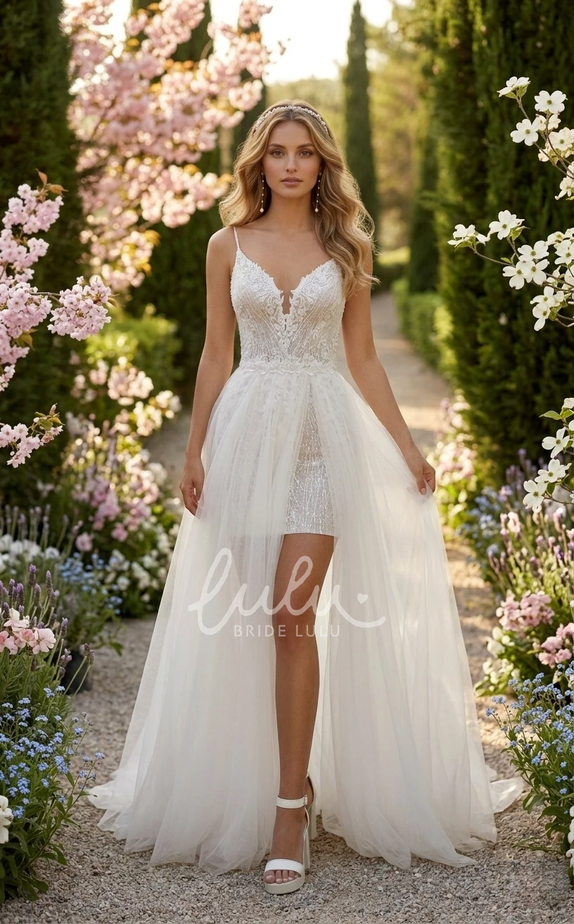 Elegant Two Piece A-Line Mini Spring Wedding Dress Ethereal Floral Deep-V Back Bridal Gown