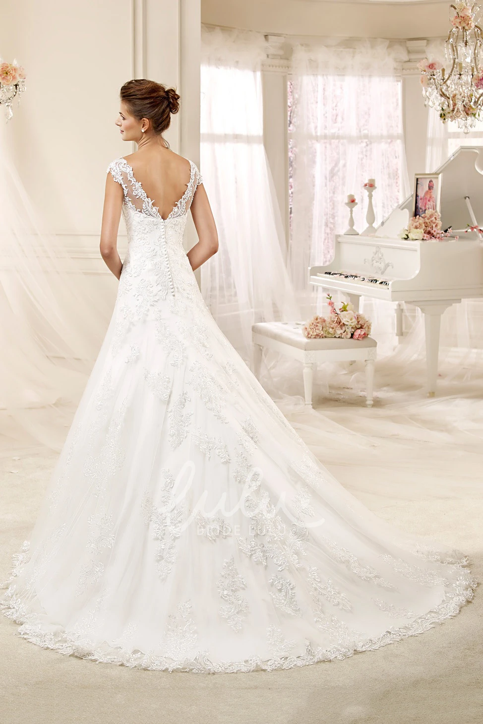 A-line Wedding Gown with Cap Sleeves Illusive Design and Appliques
