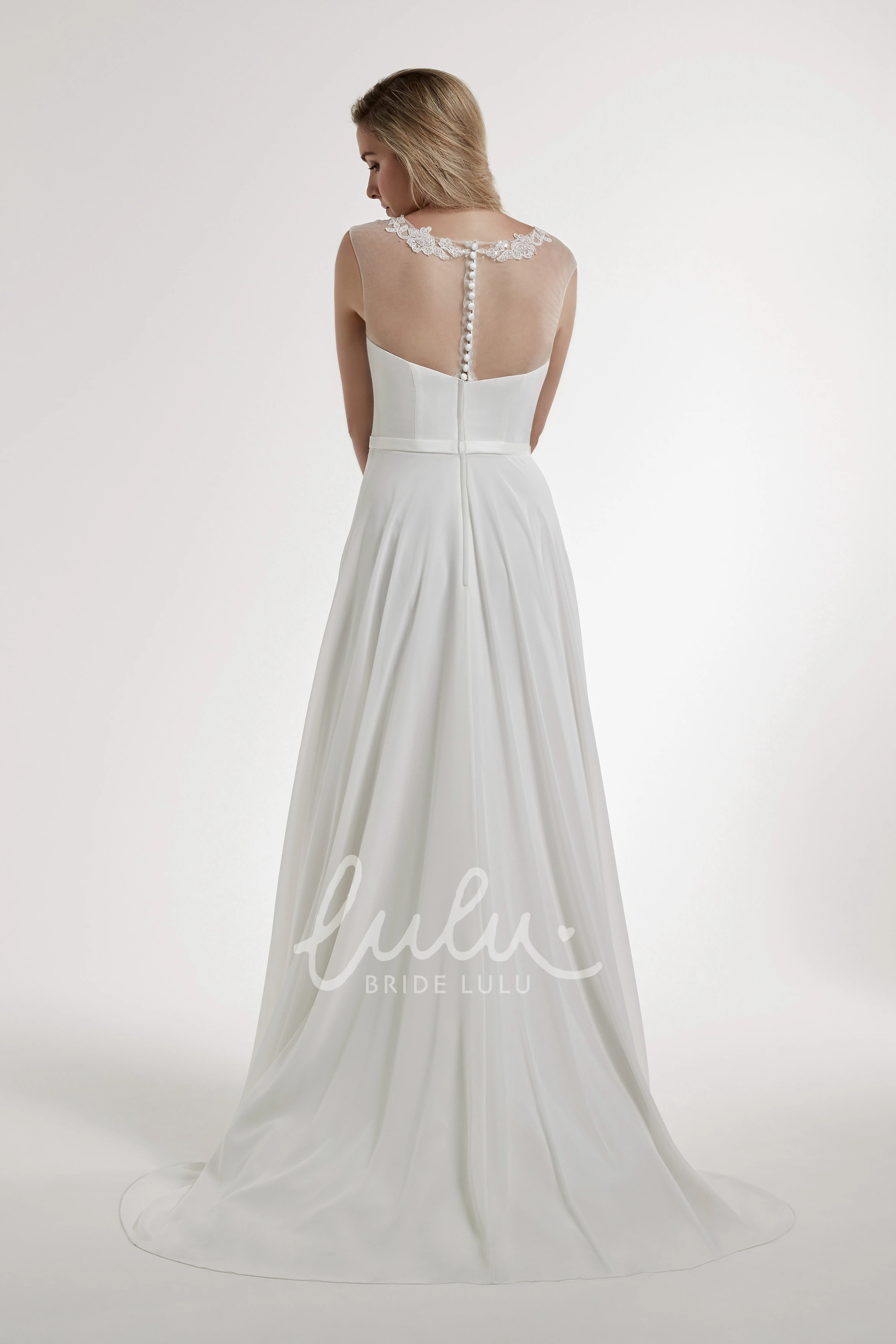 Sleeveless A-Line Satin Wedding Dress with Appliques and Illusion Back