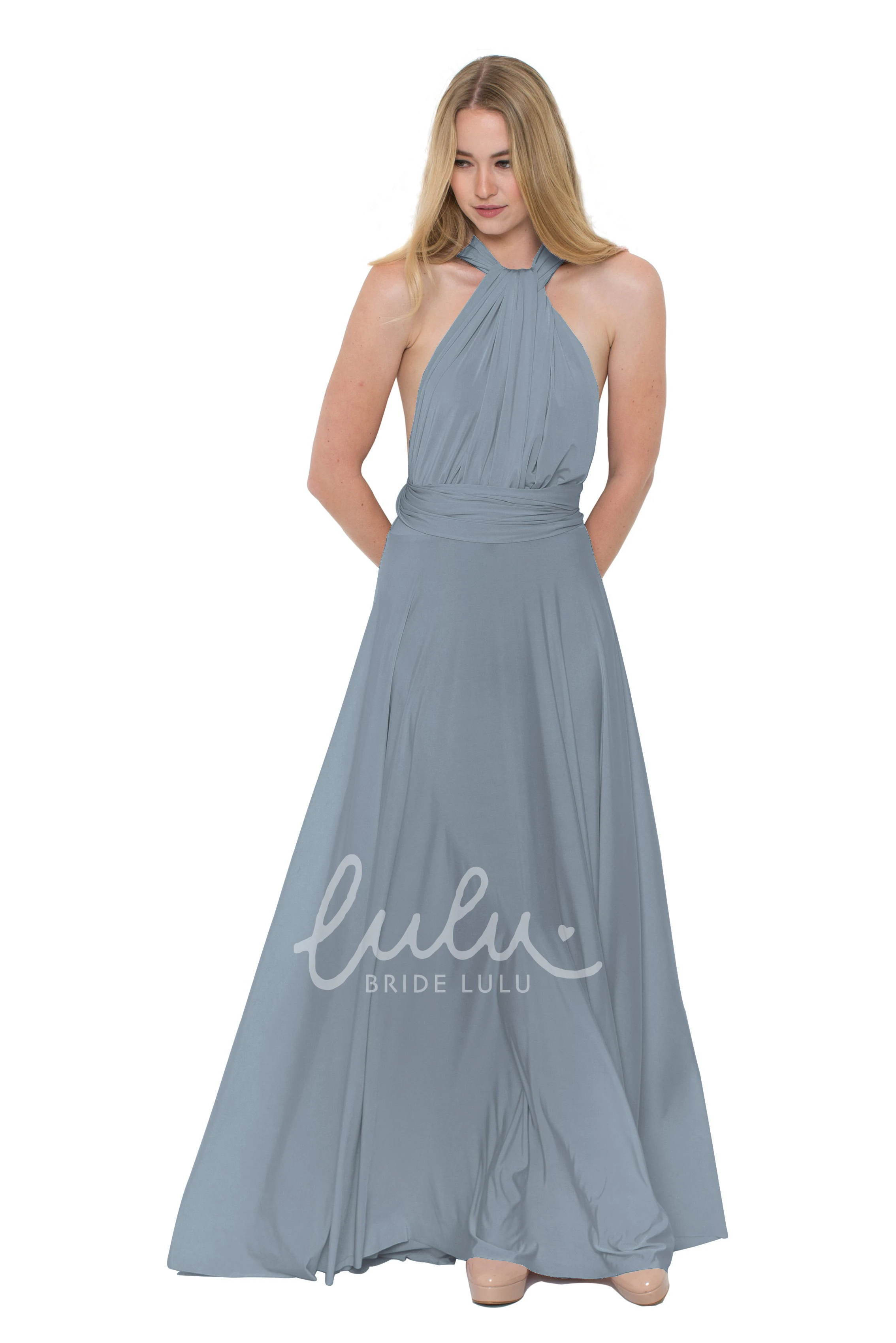 V-Neck Ruched Chiffon Bridesmaid Dress Floor-Length Sleeveless Convertible Multi-Color