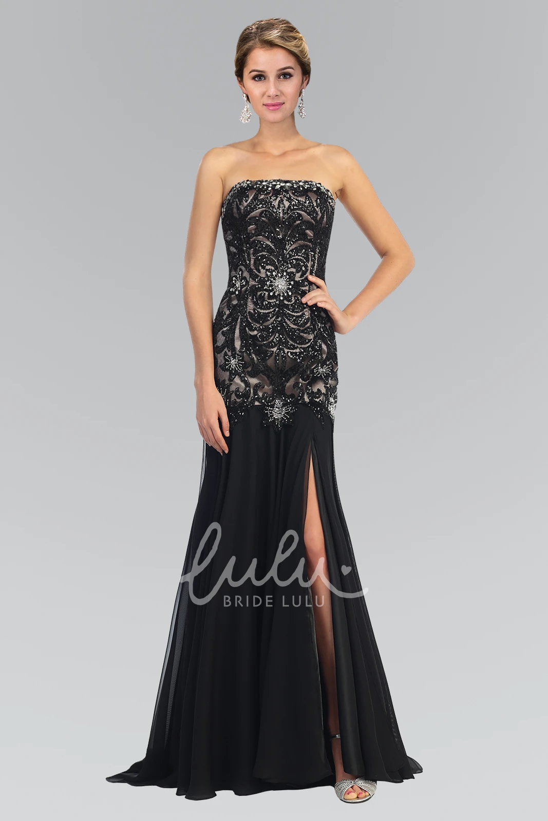 Strapless Chiffon Sheath Dress with Beading and Split Front