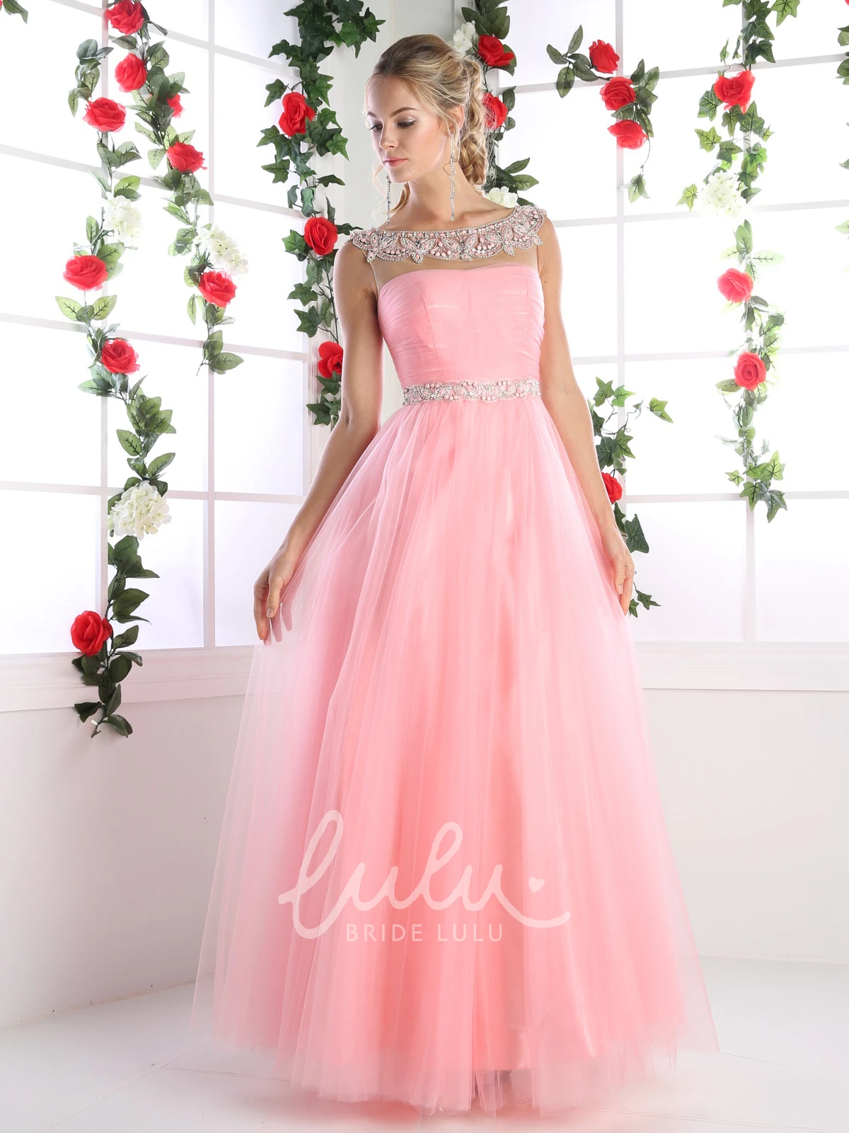 Scoop-Neck Tulle Illusion Prom Dress with Beading and Ruching