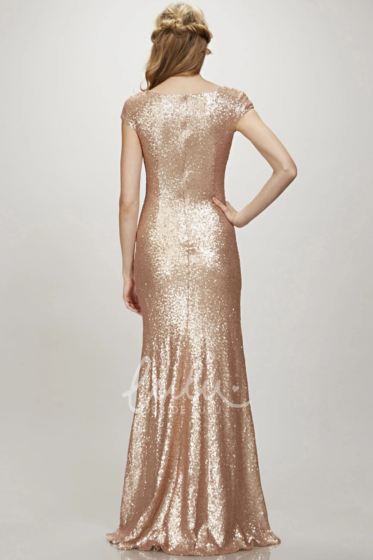 Cap Sleeve Sequin V-Neck Bridesmaid Dress Maxi Length