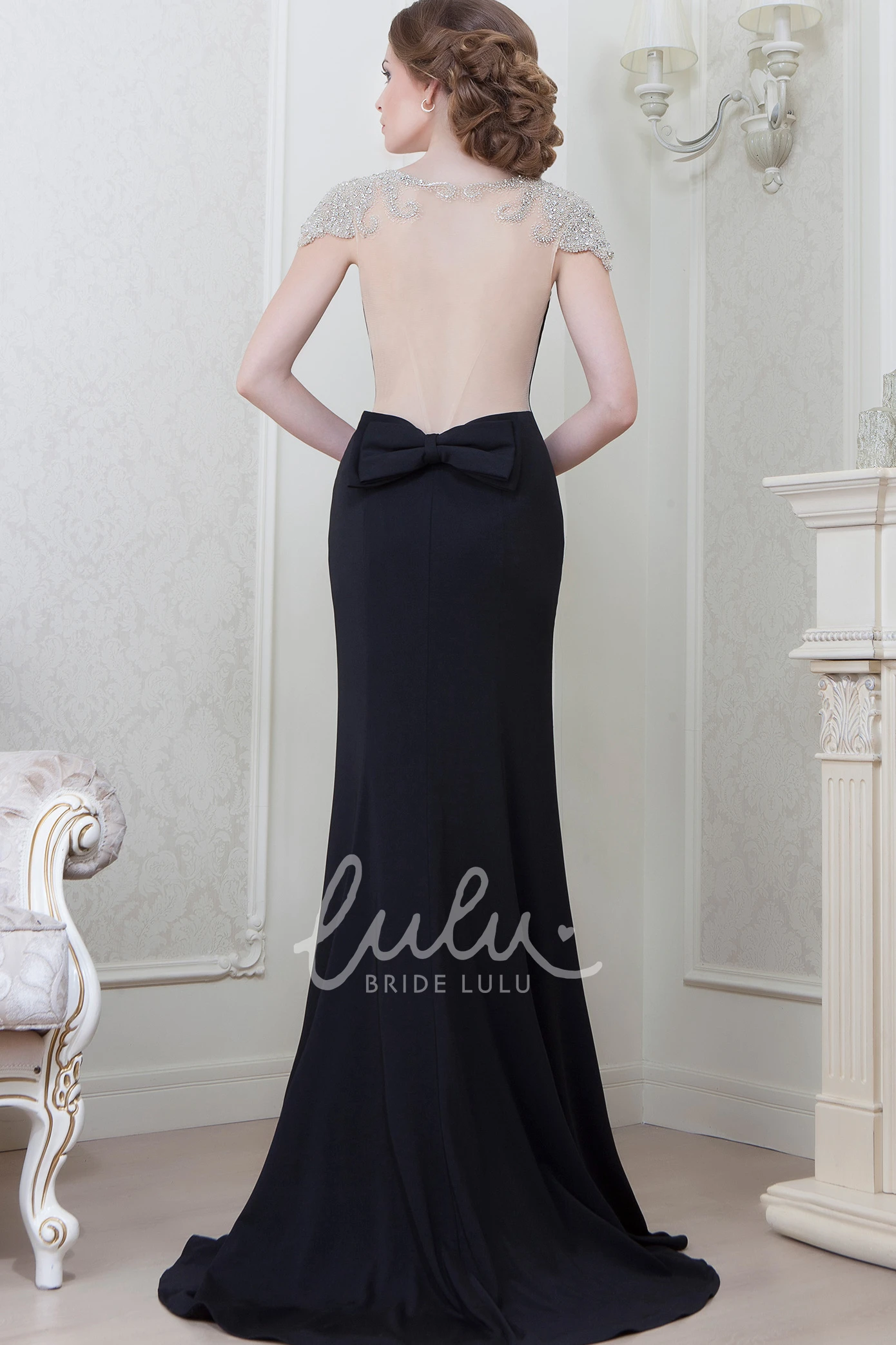 Cap Sleeve Chiffon Evening Dress with Bow + Floor-Length + Women