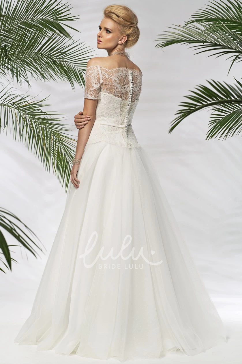 Off-The-Shoulder A-Line Tulle&Lace Wedding Dress Short-Sleeve Floor-Length