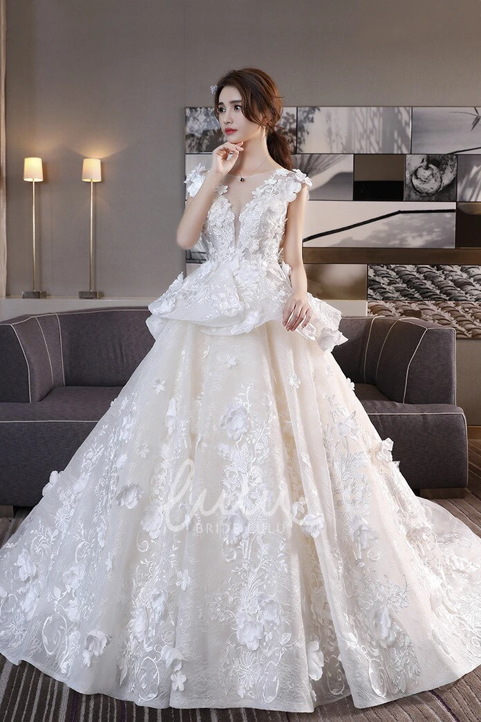 Princess Cap Sleeve Lace Wedding Dress with 3D Floral Appliques and Peplum Skirt
