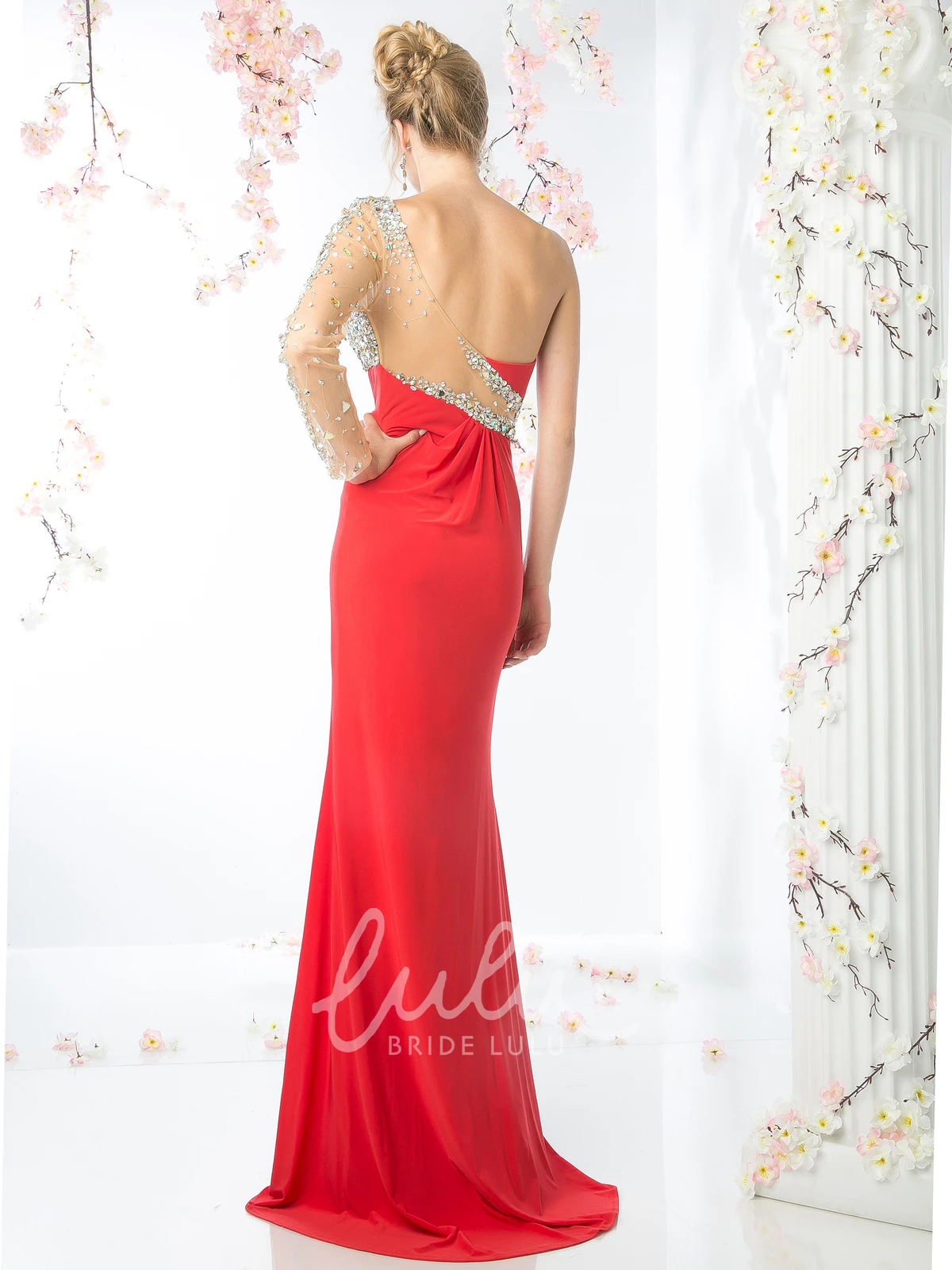 Illusion One-Shoulder Long Sleeve Formal Dress with Beading and Split Front