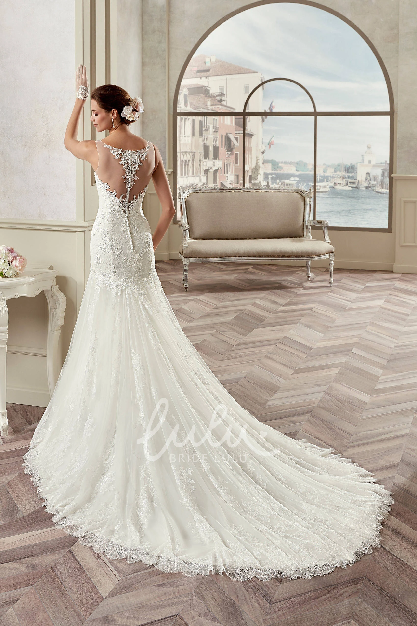 Lace Mermaid Wedding Dress with Jewel Neckline Cap Sleeves and Illusion Design