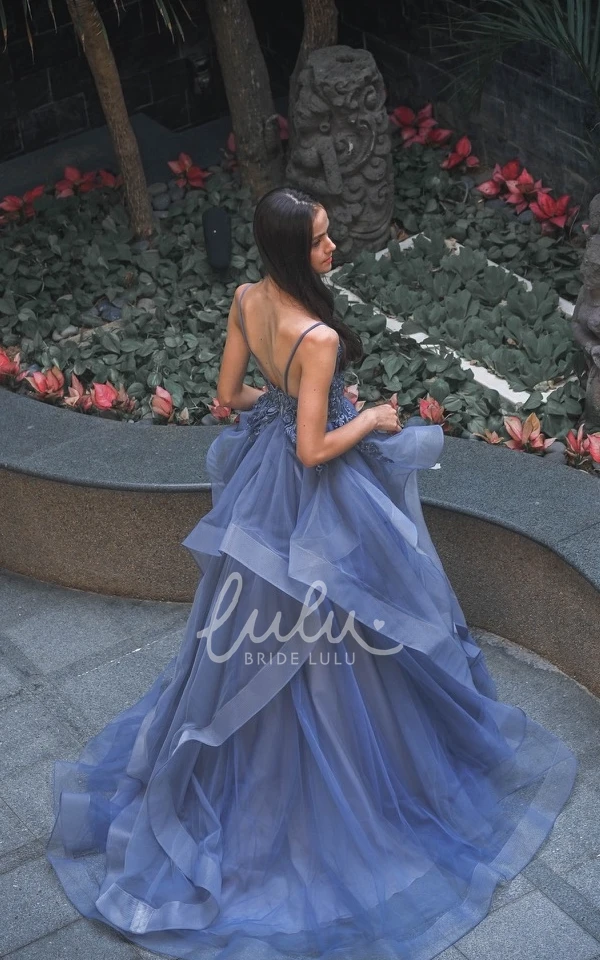 Spaghetti V-neck Tulle A-Line Sleeveless Evening Dress Elegant Wedding Dress