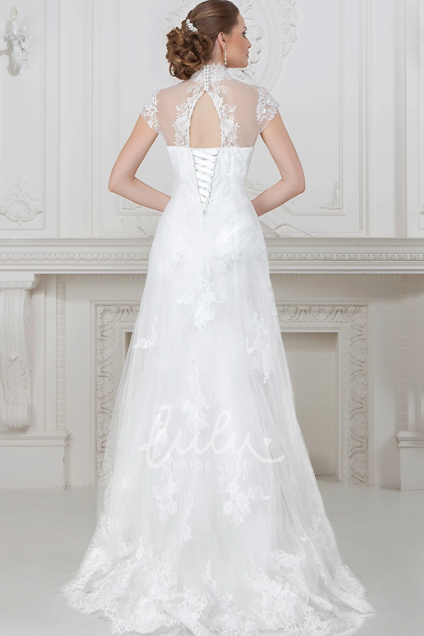A-Line High Neck Lace Wedding Dress with Corset Back Cap-Sleeves Maxi