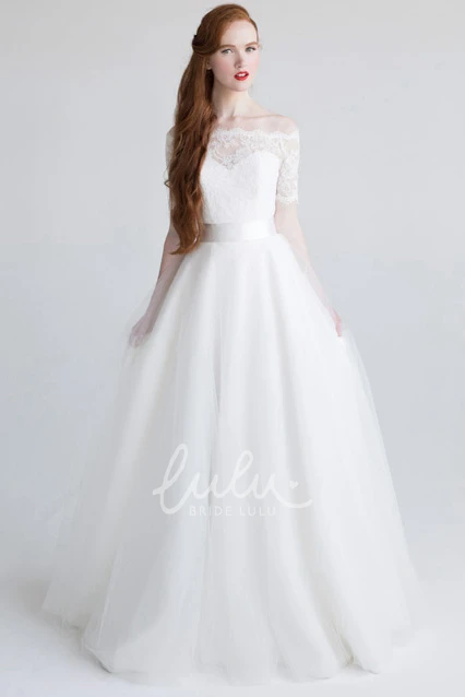 Ball Gown Tulle Satin Spring Wedding Dress Appliqued Off-The-Shoulder Bow