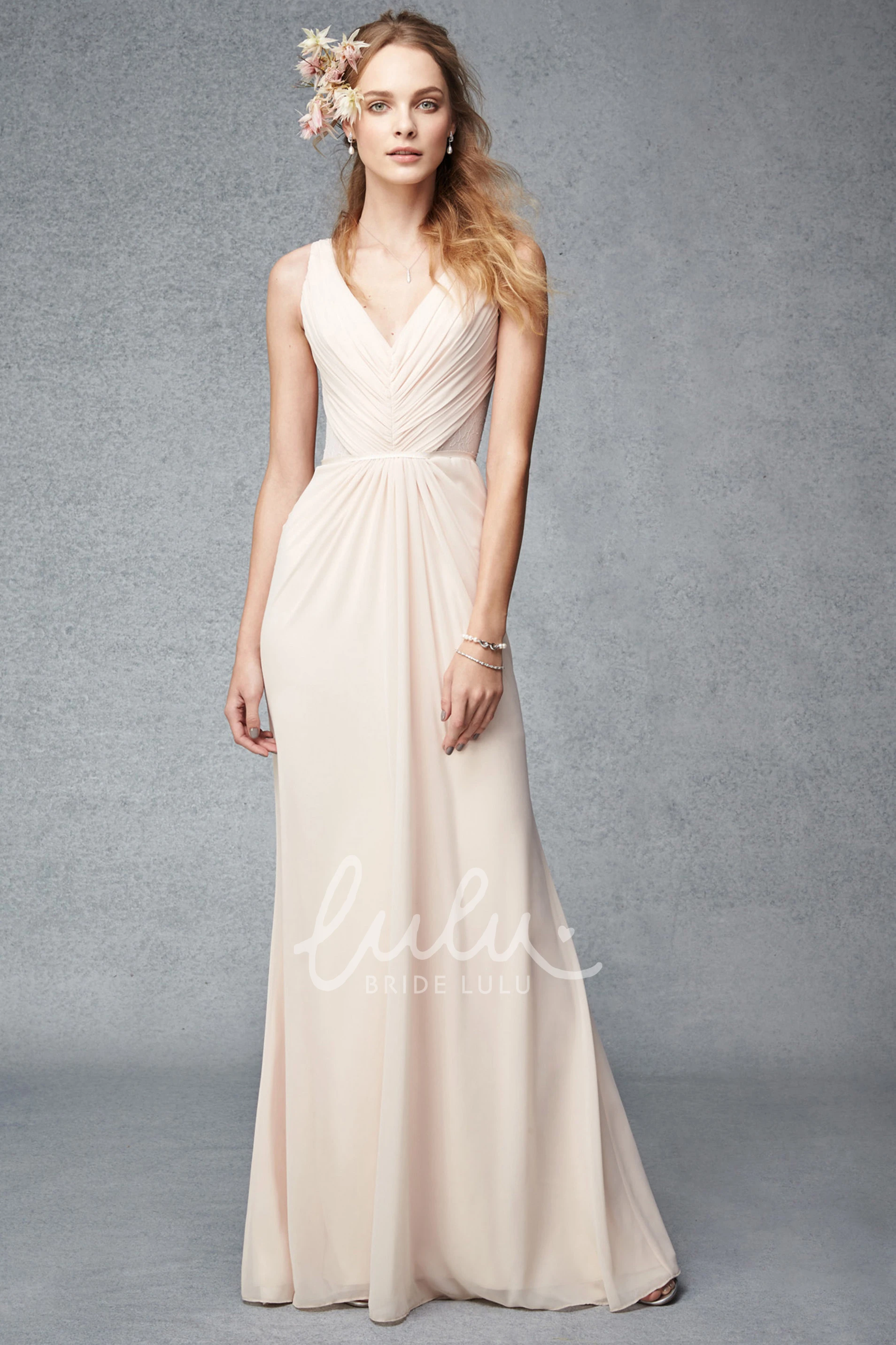 V-Neck Ruched Chiffon Bridesmaid Dress Sleeveless Unique