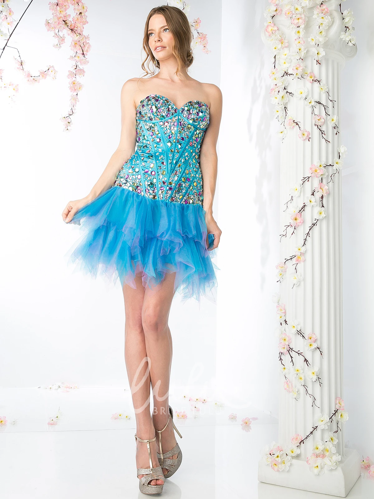 High-Low Tulle Corset Back Formal Dress with Beading and Tiers