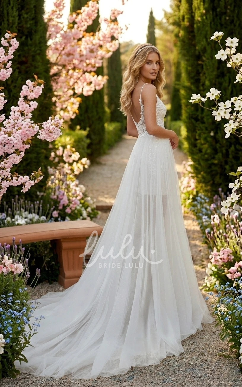 Elegant Two Piece A-Line Mini Spring Wedding Dress Ethereal Floral Deep-V Back Bridal Gown