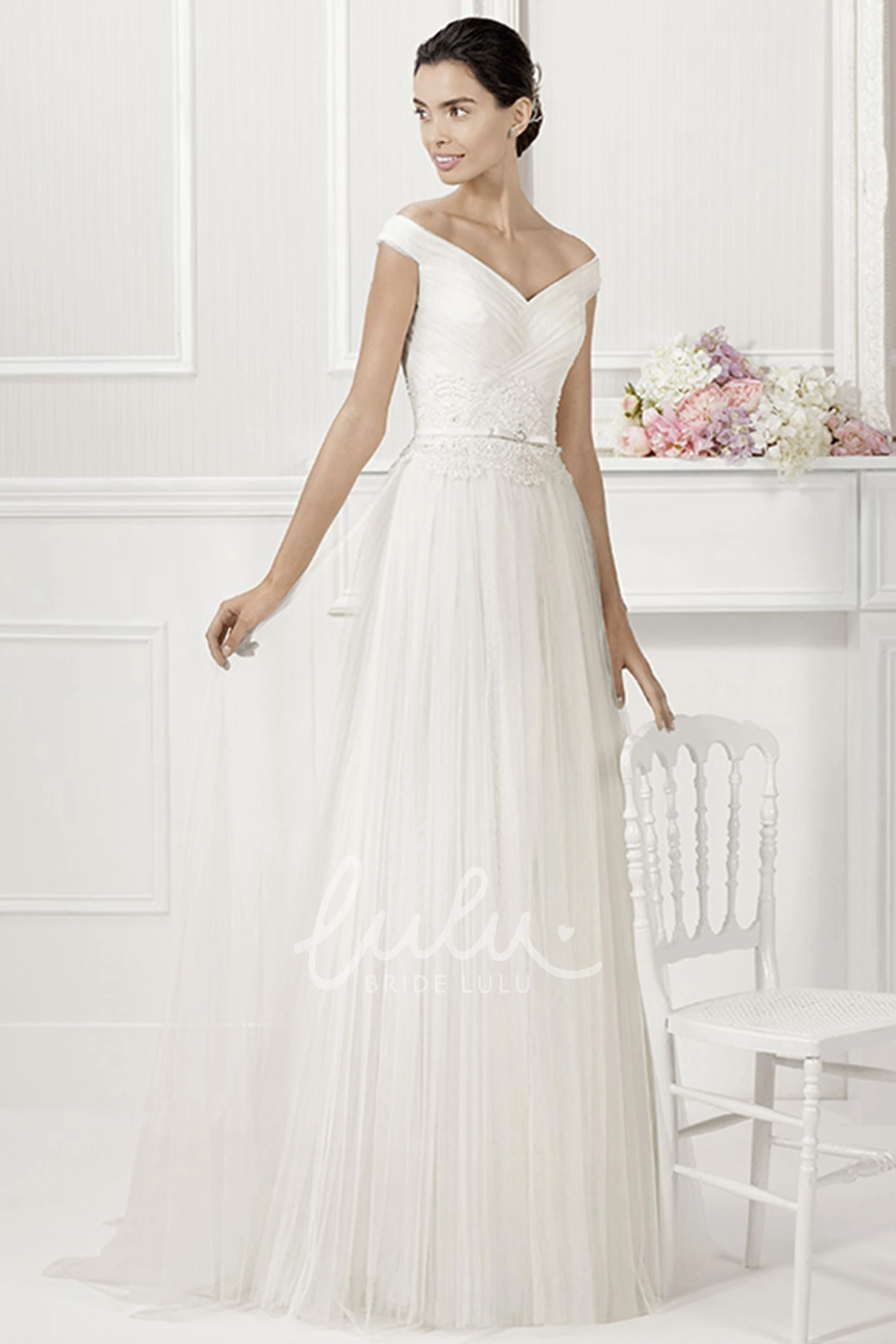 Pleated Tulle Off-Shoulder Wedding Dress with V-Neck and Belt