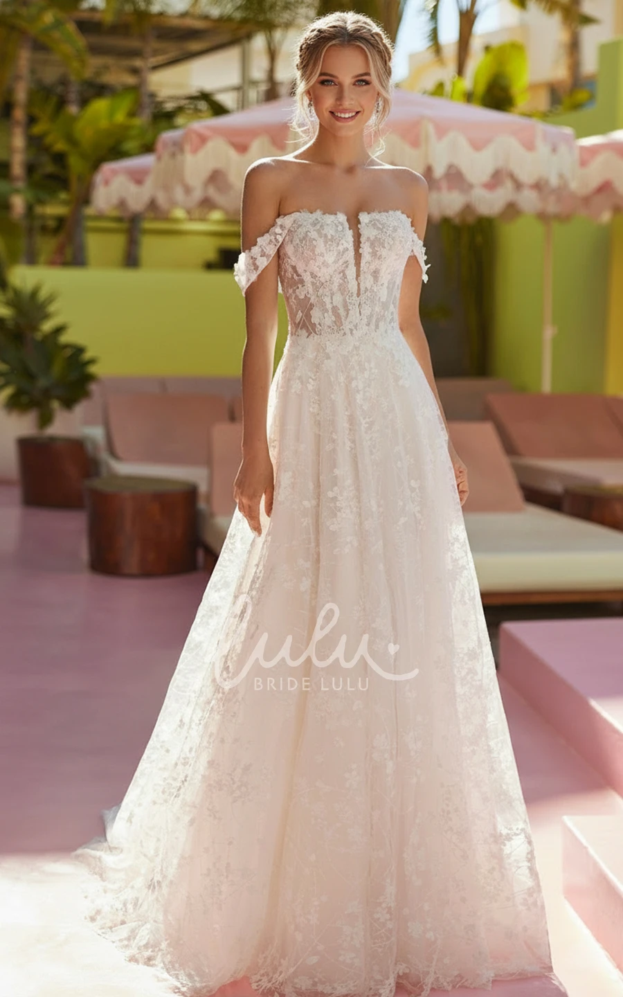 Boho Lace Wedding Dress A Line Off Shoulder Illusion Corset Floral Lace Bridal Gown