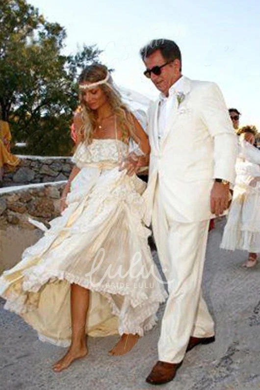 Spaghetti Straps Ethereal Destination Wedding Dress with Cross Back and Tiered Court Train