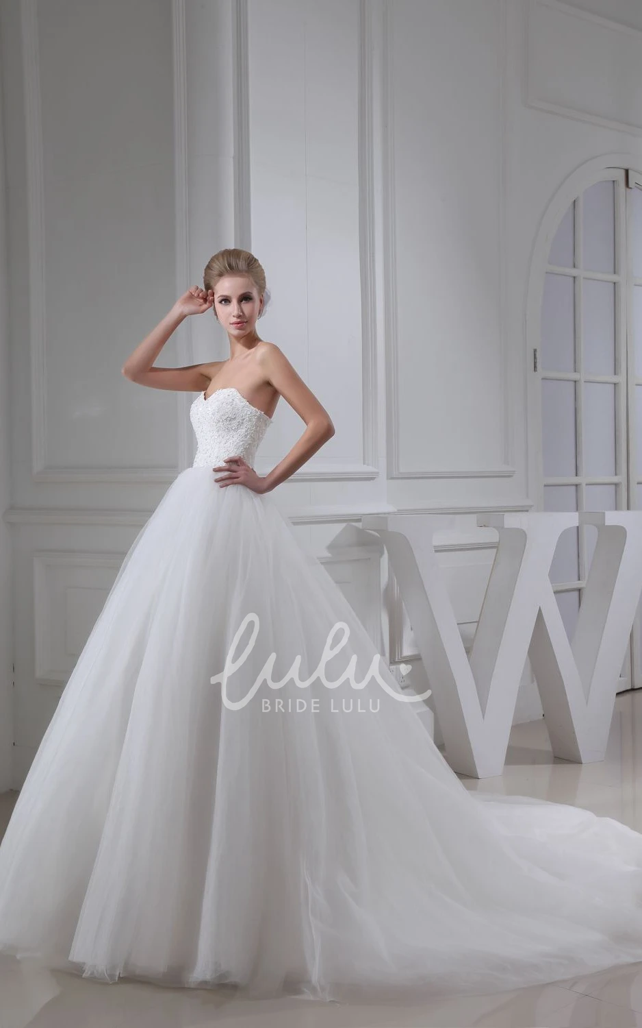 Lace Applique Tulle Ball Gown Wedding Dress Sweetheart Neckline and Sleeveless