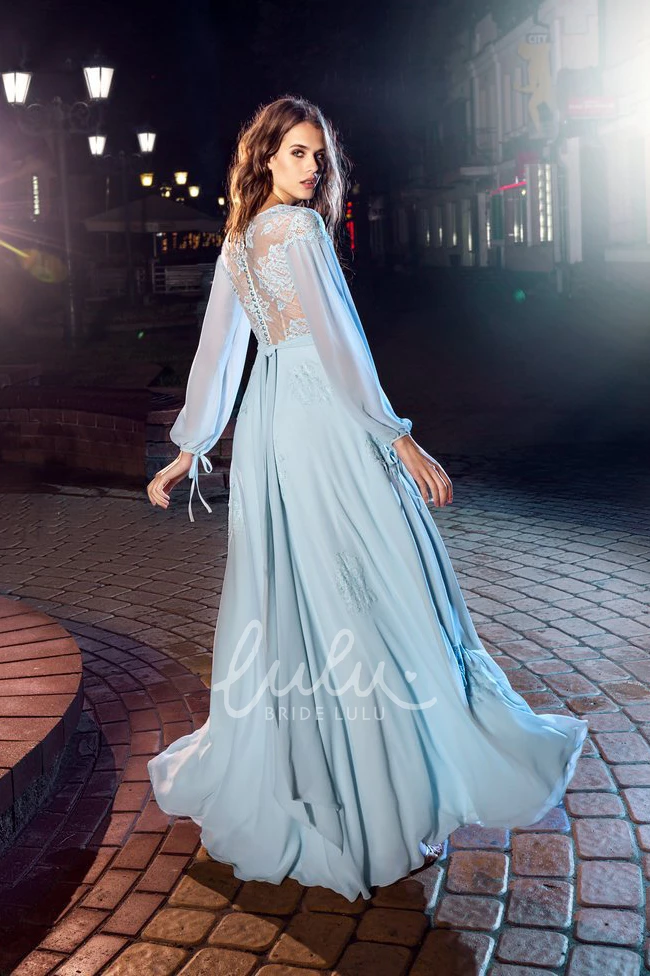 Chiffon Lace A-Line Formal Dress with V-Neck and Balloon Sleeves