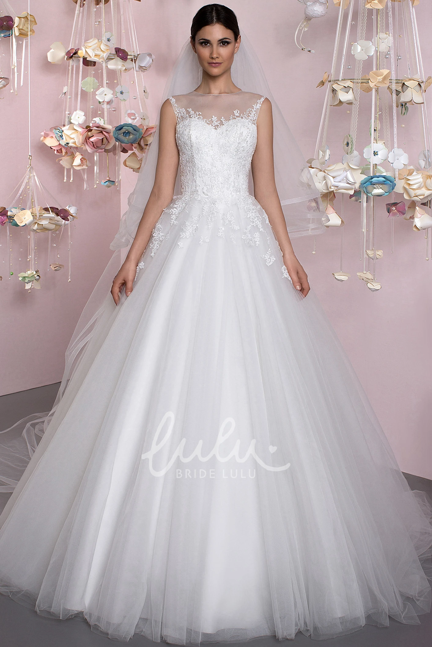 Jewel Appliqued Tulle Wedding Dress with Court Train