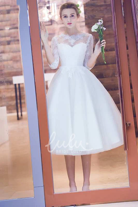 Tea Length Pleated Lace Dress with Jewel Neck and Long Sleeves