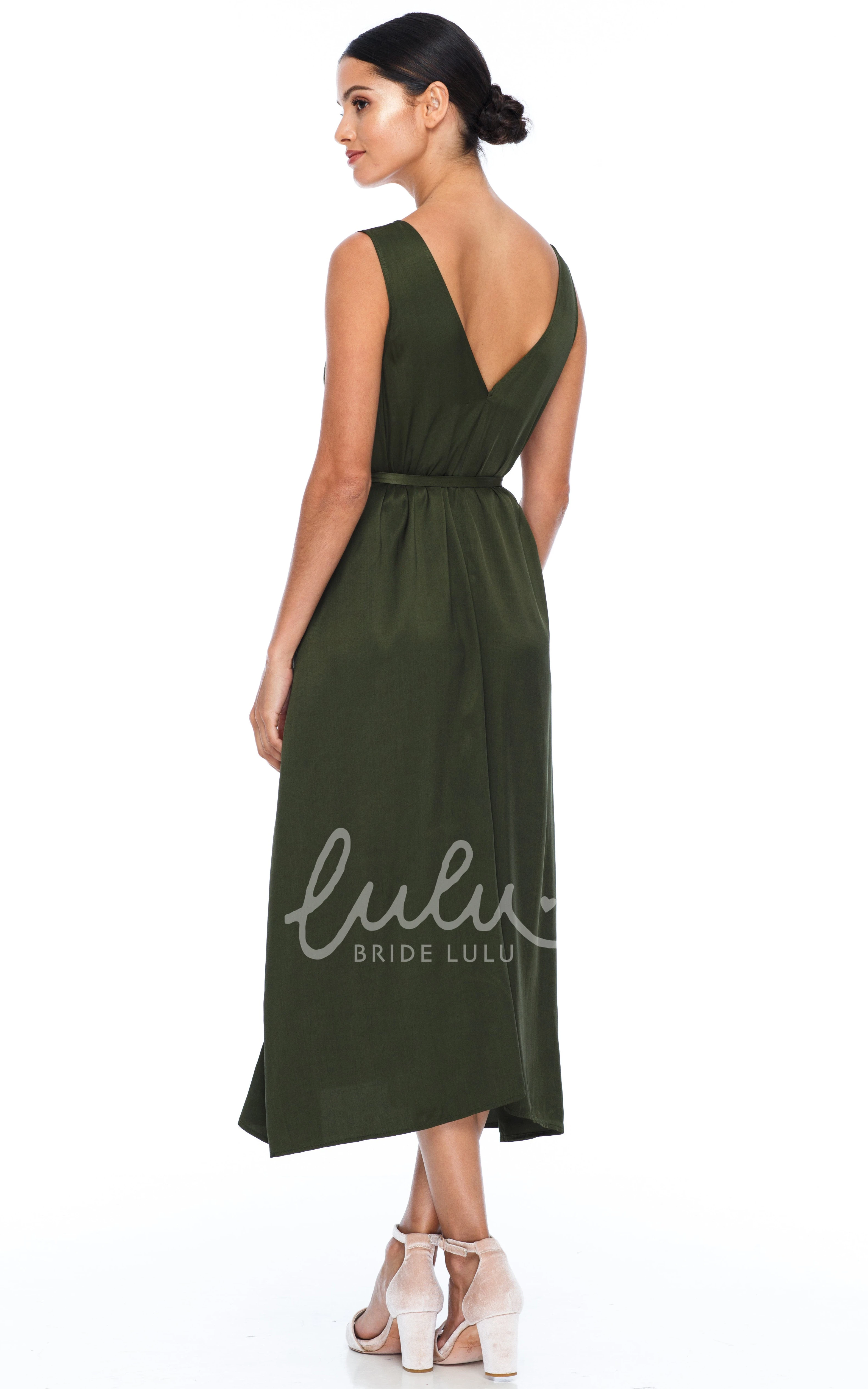 Charmeuse V-neck Bridesmaid Dress with Low-V Back and Sash Casual Bridesmaid Dress