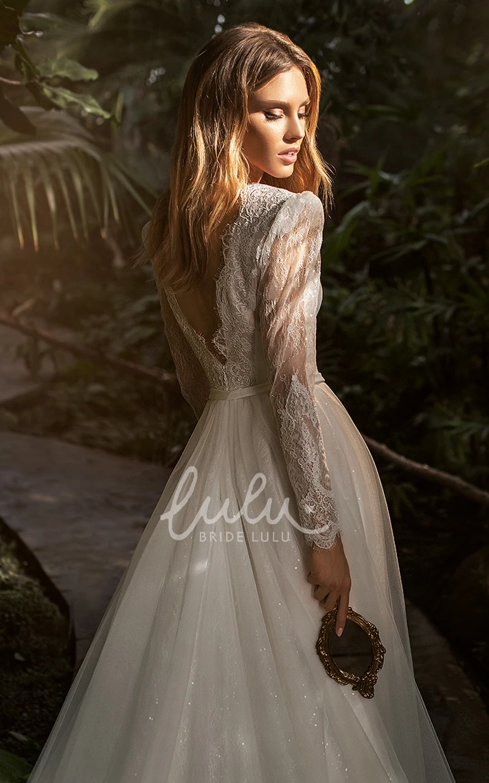 Lace Tulle Scalloped Neck Sequin Wedding Dress Casual A Line