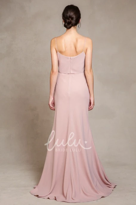 Spaghetti Chiffon Bridesmaid Dress with Brush Train Floor-Length Sleeveless