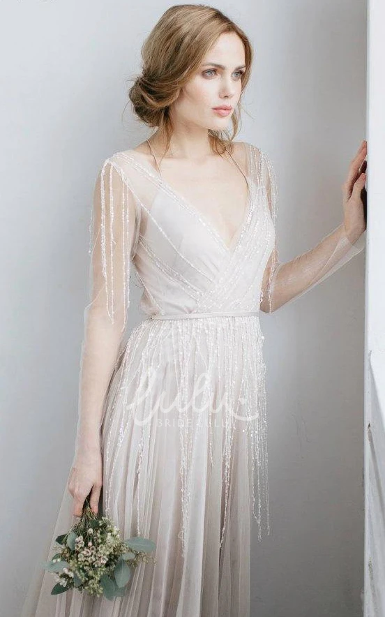 Beaded Illusion V-Neck Tulle Winter Wedding Dress