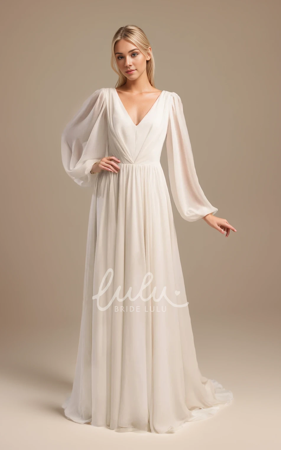A-Line V-neck Simple Elegant Floor-length Long Balloon Sleeve Solid Plus Size Wedding Bride Dress with Train Deep-V Back