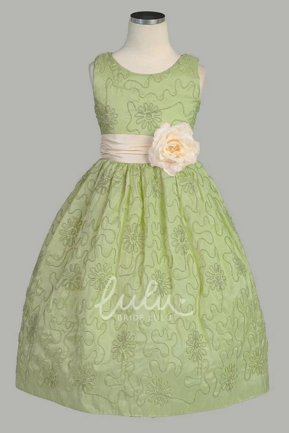 Embroidered Tea-Length Taffeta Flower Girl Dress with Floral Design