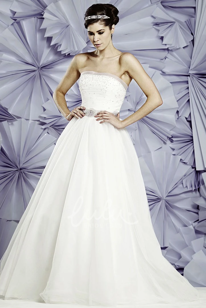 A-Line Strapless Ruched Tulle Wedding Dress With Beading Glamorous Wedding Dress