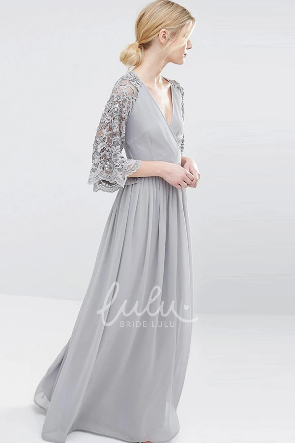Lace Chiffon Bridesmaid Dress with Pleats V-Neck Bell Sleeve