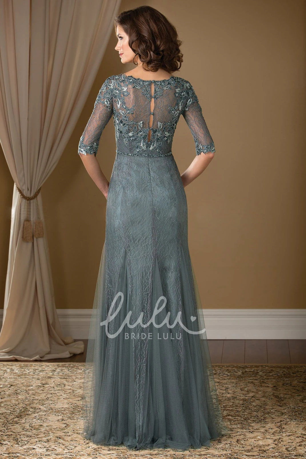 Lace and Illusion Detail MOB Dress with Half Sleeves Classic Mother of the Bride Gown