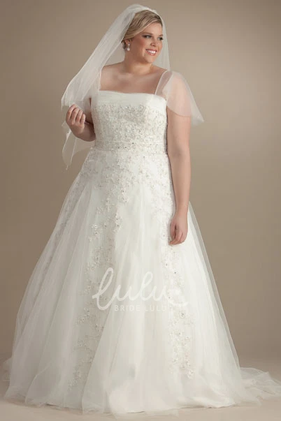Tulle Appliqued Poet-Sleeve Ball Gown Plus Size Wedding Dress with Beading