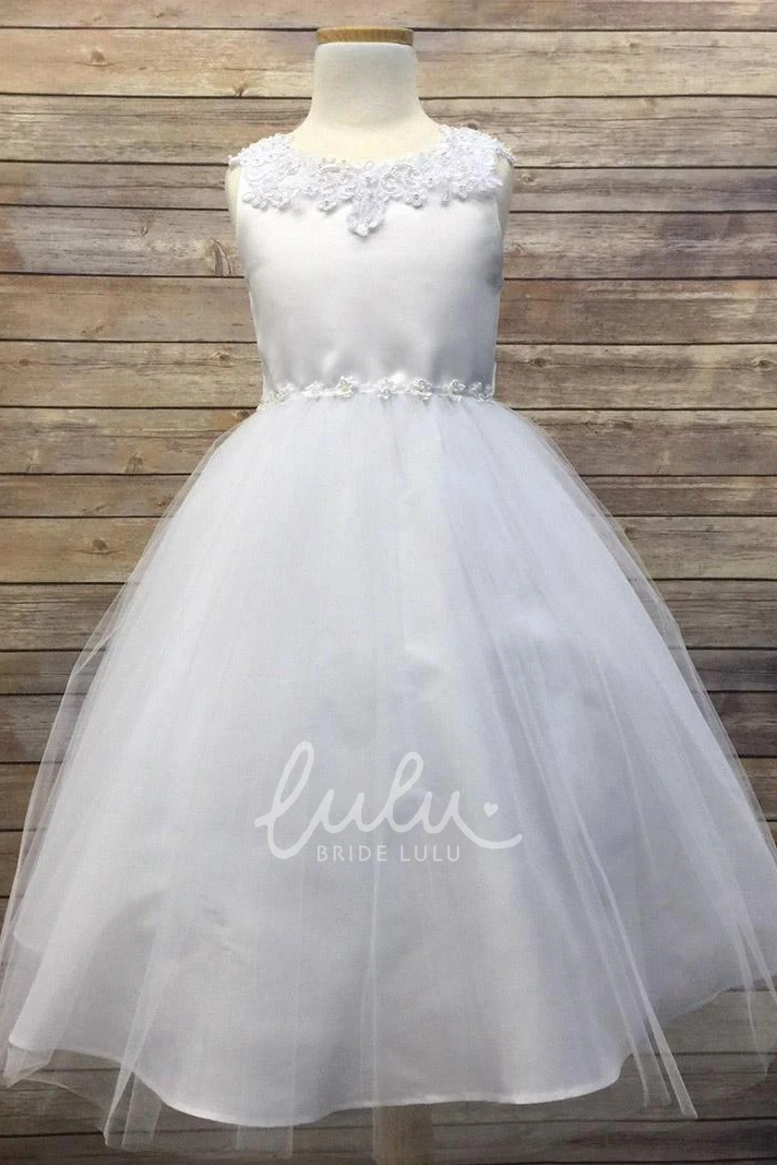 Appliqued Tulle&Sequins Tea-Length Flower Girl Dress with Floral Design