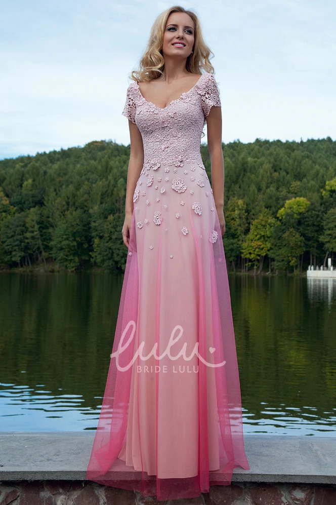 Appliqued V-Neck Sheath Maxi Prom Dress Short-Sleeve & Unique