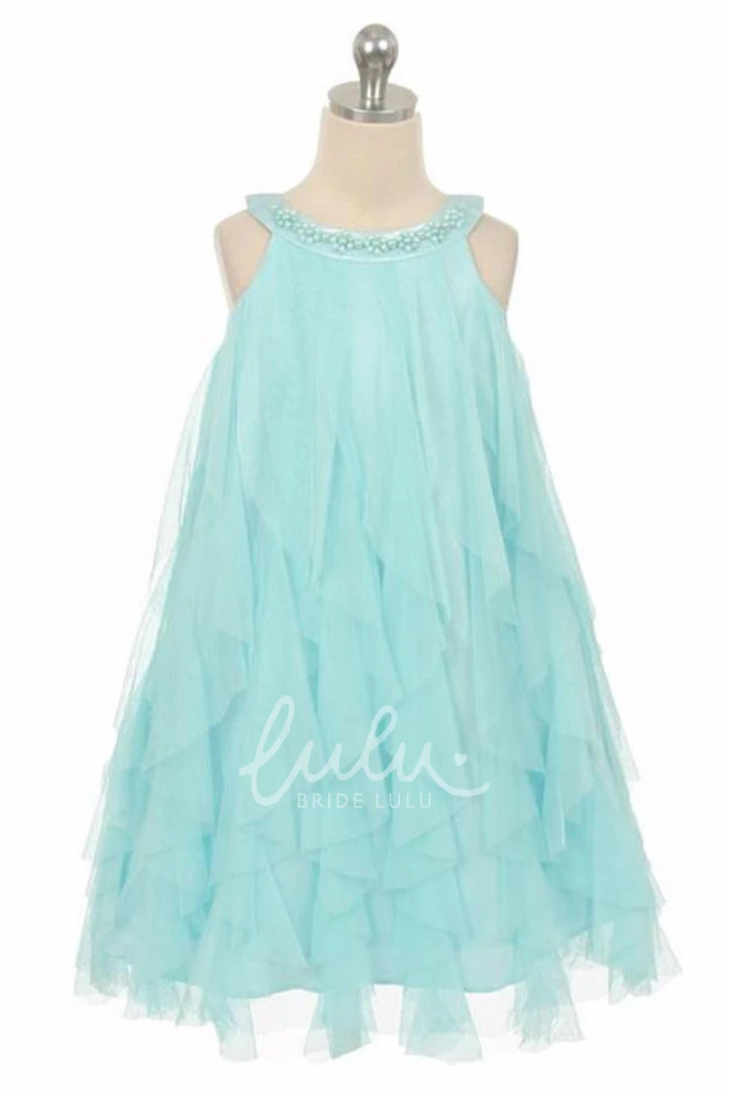 Tea-Length Floral Satin Flower Girl Dress with Beading and Ruffles